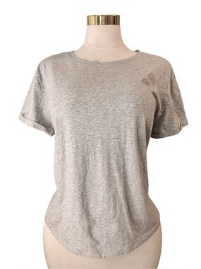 ELLE Heather Grey Dandelion Embroidered T-Shirt XL 100% Cotton Rolled Cuff Top